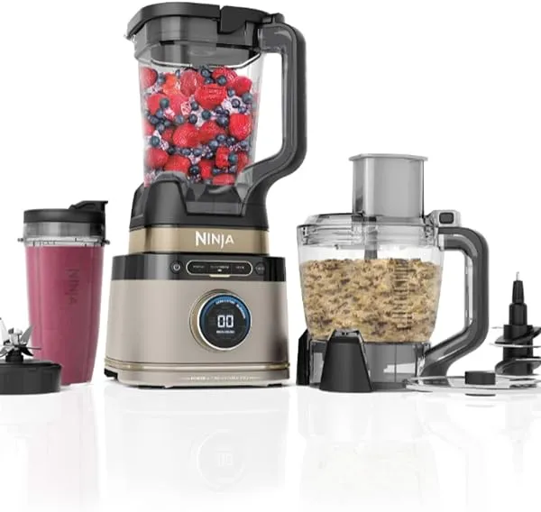 Ninja 3-in-1 Detect Power Blender Processor Pro, Powerful 1200W Blender, Food Processor Bowl, Dough Blade, 2x Single Serve Cups, Jug, Make Pizza Dough, Blend, Chop & Mix, Stone Gold, TB401UKSTGD
