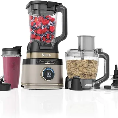 Ninja 3-in-1 Detect Power Blender Processor Pro, Powerful 1200W Blender, Food Processor Bowl, Dough Blade, 2x Single Serve Cups, Jug, Make Pizza Dough, Blend, Chop & Mix, Stone Gold, TB401UKSTGD
