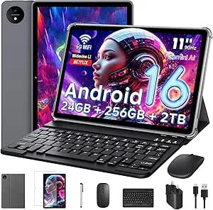 Android 16 11-Inch Tablet with Gemini AI, 24GB RAM, 256GB Storage, 2-in-1 Keyboard & Stylus Bundle