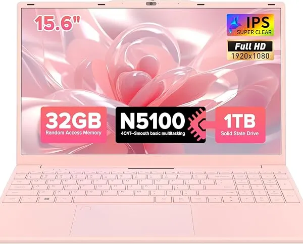 Auusda 15.6 Inch Laptop, 32GB RAM, 1TB SSD, Quad-Core Processor, FHD IPS Display, Pink