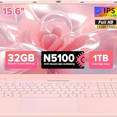 Auusda 15.6 Inch Laptop, 32GB RAM, 1TB SSD, Quad-Core Processor, FHD IPS Display, Pink