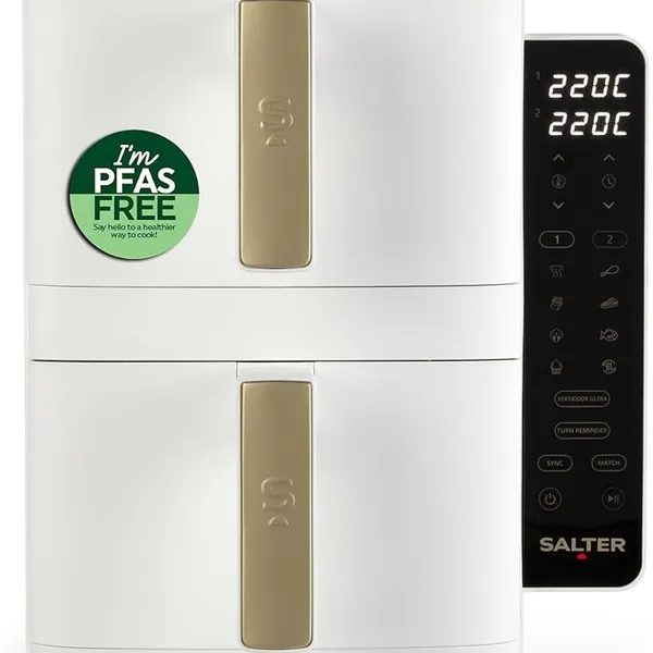 Salter VertiCook Ultra Stackable Air Fryer - Vertical 9 L Digital Air Fryer, 2 x 4.5L Baskets & Racks, 9 Functions, Sync & Match, PFAS-Free Grill Tray, Space Saving, 60-230°C, 60-Min Timer, 2400W