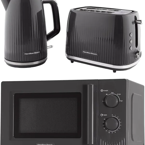 Hamilton Beach Kettle Toaster Microwave Set, Miami, Kettle, 1.7L, Toaster 2 Slice, Kettle & Toaster Set, Microwave Oven, 20L, Manual Controls, 800W, Kitchen Set, Charcoal Grey - HBMIAKSCH