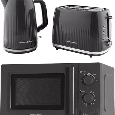 Hamilton Beach Kettle Toaster Microwave Set, Miami, Kettle, 1.7L, Toaster 2 Slice, Kettle & Toaster Set, Microwave Oven, 20L, Manual Controls, 800W, Kitchen Set, Charcoal Grey - HBMIAKSCH