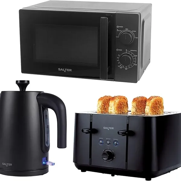 Salter Kuro 3-Piece Kitchen Set – 1.7L Rapid Boil Kettle, 4-Slice Toaster with 7 Browning Levels & Defrost/Reheat/Cancel Functions, 20L 800W Microwave with 5 Power Levels & Defrost, Matte Black Finish