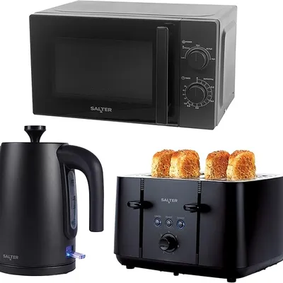 Salter Kuro 3-Piece Kitchen Set – 1.7L Rapid Boil Kettle, 4-Slice Toaster with 7 Browning Levels & Defrost/Reheat/Cancel Functions, 20L 800W Microwave with 5 Power Levels & Defrost, Matte Black Finish