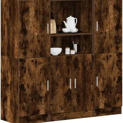 3 Piece Smoked Oak Engineered Wood Kitchen Cabinet Set 133 x 41.5 x 131.5 cm Wall Mounted Storage Cupboard with Floating Shelves for Cookware Glassware for Home Restaurant Office