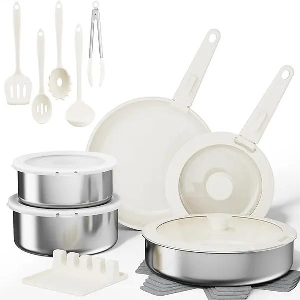Sanho 21-Piece Pots and Pans Set, Ceramic Nonstick Cookware with Detachable Handles, 4-Layer Stainless Steel & Aluminum Core, Induction Hob Pan Set, Oven Safe, PFAS PFOA Free (Beige White)