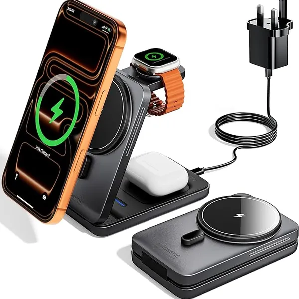 KPON 3 in 1 Wireless Charging Station for Apple, Foldable Magnetic Fast Charger Stand for iPhone Air/17/16/15/14/13/12, AirPods Pro 3 2 Apple Watch (20W Adapter Included) Dark gray