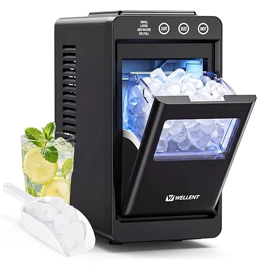 WELLENT Ice Maker Countertop, Portable Stainless Steel Ice Cube Machine for Bullet Ice in 6 Mins (12kg/24h) – Self-Cleaning & 2 Sizes – Compact Ice Maker for Home Bar, Kitchen, Office & Garden Parties