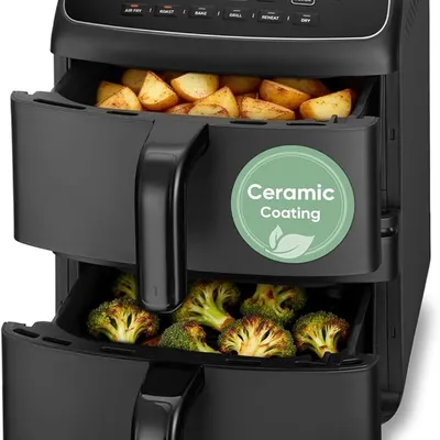 Cosori Air Fryer Turbo Tower Compact 8.6L, 39% Space-Saving Double-Stack Airfryer, Ceramic PFAS-Free,TurboBlaze Dual DC Motors for Even & Faster Cooking, Perfect for Family Meals