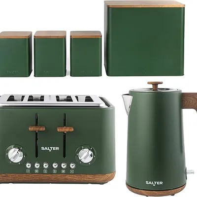 Salter Toronto Green Toaster, Kettle & Countertop Set – 4-Slice 1630W Toaster with 6 Browning Levels & Wide Slots, 1.7L 3kW Rapid Boil Kettle with Limescale Filter, Carbon Steel Bread Bin & Canisters
