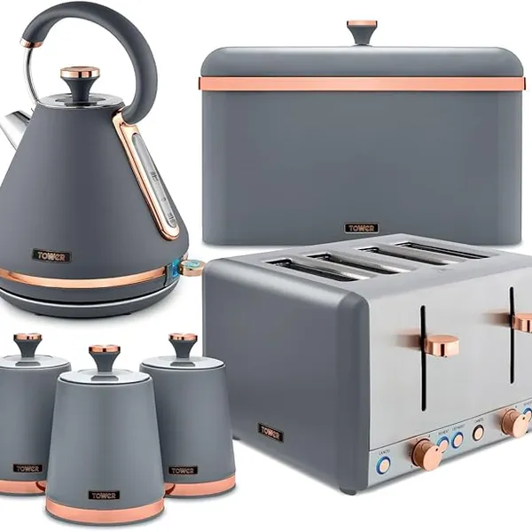 Tower Cavaletto 4 Piece Kitchen Set, 3kW 1.7L Pyramid Kettle, 4 Slice Toaster, Bread Bin & 3 x 1.3L Canisters, Grey, EEJB474