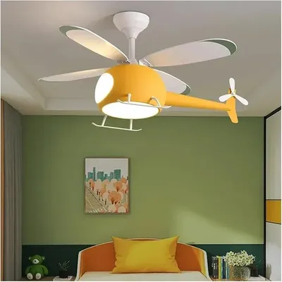 Chandelier Light, Cartoon Ceiling Lamps for Room Helicopter Fan Chandelier for Children's Bedroom Indoor Led Lights Fixture Luster Home-Appliance(Yellow-47cm)