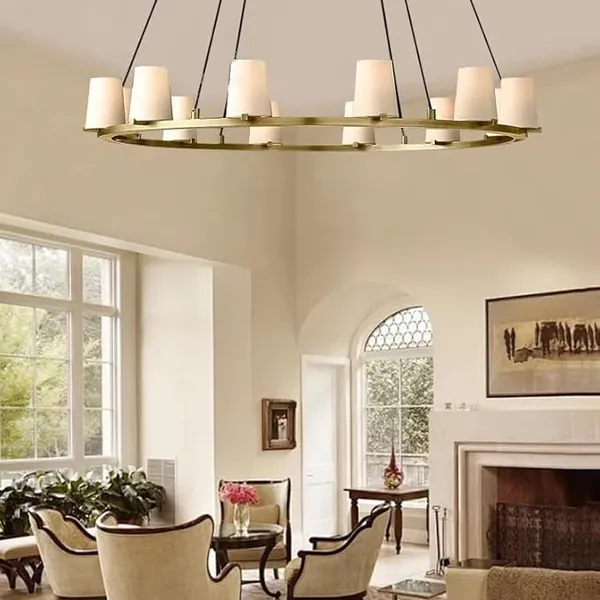 V-intage Copper Fabric Round Ceiling Chandelier Luxury Style Home-Appliance Light Fixture Nordic Minimalist Lighting,Hanging Light(Dimmable,Coppery 152cm)