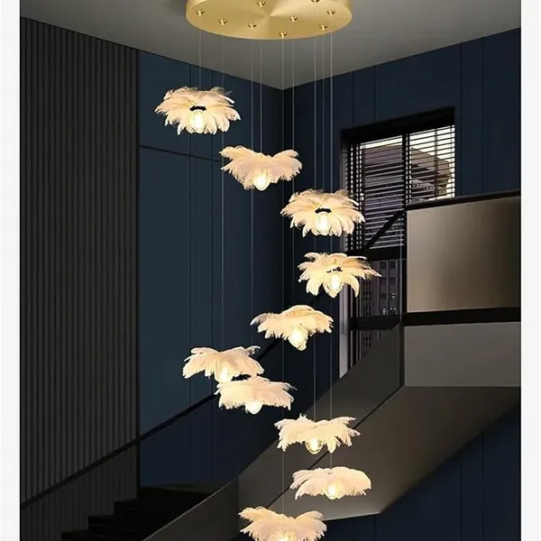 Modern Staircase Feather Led Lights Design Ceiling Chandelier Wedding Dining Table Kitchen Home-Appliance Lamps Compatible with Room,Led Pendant Lamp