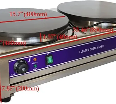 Double Stations Electric Crepe Making Pancake Baking Griddle Machine Commercial Non-stick Crepe Maker with Diameter 15.7inch Heating Plates 50-300°C Temperature Adjustable