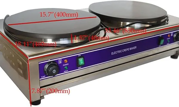 Double Stations Electric Crepe Making Pancake Baking Griddle Machine Commercial Non-stick Crepe Maker with Diameter 15.7inch Heating Plates 50-300°C Temperature Adjustable