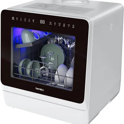 Hermitlux Countertop Dishwasher, 7 Washing Programs Portable Mini Dishwasher with 5-Liter Built-in Water Tank for Apartments & RVs, LED Light, Glass Door, No Hookup Needed