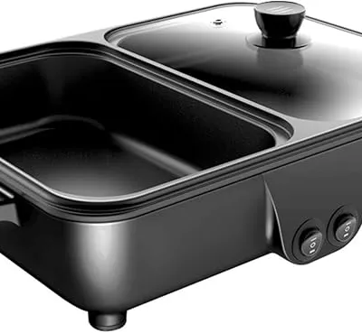 Electric Mini Grill with Hot Pot, 2-in-1 Non-Stick Indoor BBQ & Shabu Cooker, Ideal for Dorm Rooms & Small Kitchens (Black)