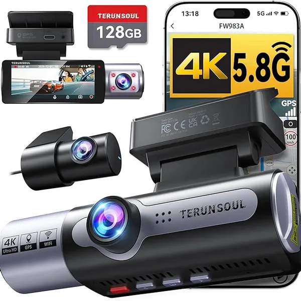 TERUNSOUL 4K Triple-Channel Dash Cam with 128GB MicroSD & GPS