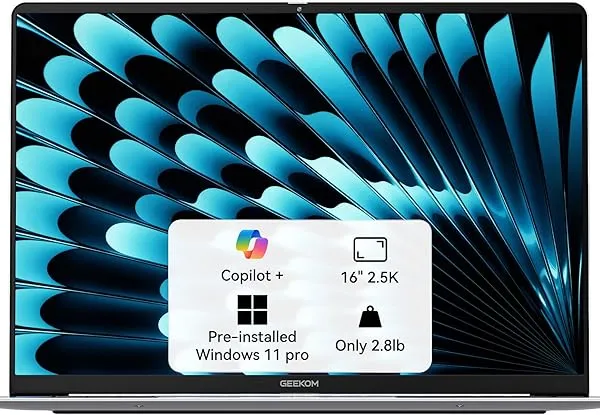GEEKOM GeekBook X16 Pro 2.8 lbs Laptop, 16" IPS 2.5K 16:10 Laptop Computer, Ultra 9 185H, 32GB LPDDR5x 7500MHz RAM 2TB SSD, Up to 17 Hour, USB4, Fingerprint, Dual Fan, Copilot, Windows 11 Pro