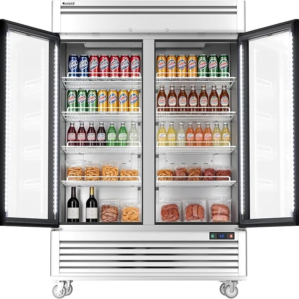 Coolski 54”W Commercial 2 Door Beverage Refrigerator, 47.5 Cu.ft Glass Door Display Cooler Fridge, Stainless Steel Merchandiser Cooler for Shop Restaurant Store
