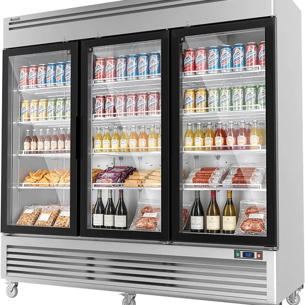 Coolski 82" W 3-Door Commercial Beverage Refrigerator, 78.2 Cu.ft Glass Door Display Cooler Fridge, Stainless Steel Merchandiser for Restaurants, Shops & Stores, DOE ETL Certified