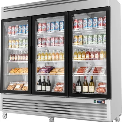 Coolski 82" W 3-Door Commercial Beverage Refrigerator, 78.2 Cu.ft Glass Door Display Cooler Fridge, Stainless Steel Merchandiser for Restaurants, Shops & Stores, DOE ETL Certified