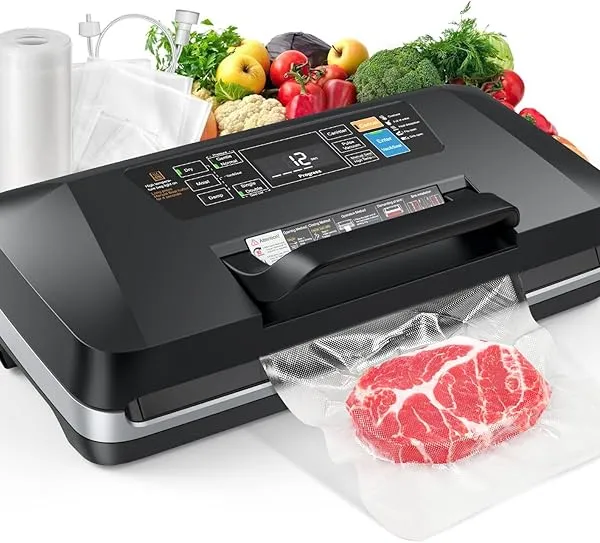 ROUUO 95KPa Vacuum Sealer, Automatic Food Vacuum Sealer Machine with Double Seal Strip, 10 Modes for Wet/Dry/Canister Food, Built-in Cutter & Roll Storage, Complete Starter Kit – 230W Fast