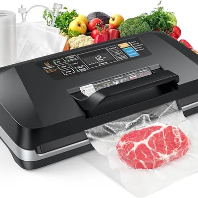 ROUUO 95KPa Vacuum Sealer, Automatic Food Vacuum Sealer Machine with Double Seal Strip, 10 Modes for Wet/Dry/Canister Food, Built-in Cutter & Roll Storage, Complete Starter Kit – 230W Fast