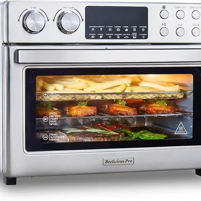 28QT Air Fryer Toaster Oven Combo, Large 12-in-1 Convection Countertop Oven with 3-Layer Cooking, Rotisserie for Chicken, 6 Heating Tubes, Fast Preheat, Fit 11" Pizza, All Accessories, Chrome