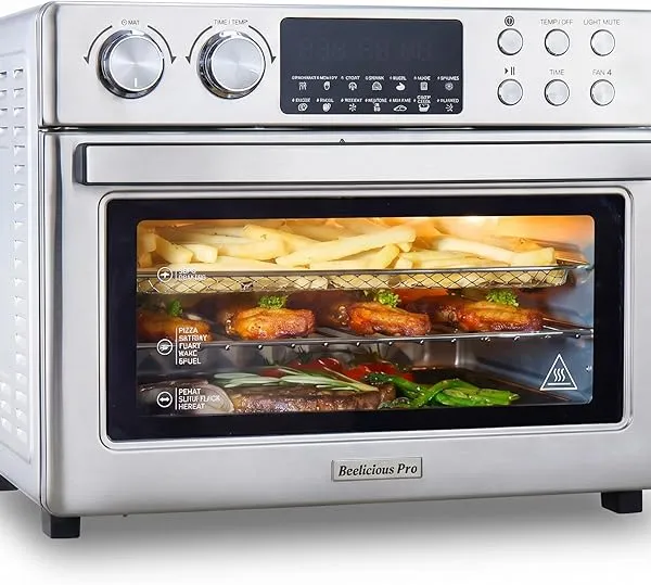 28QT Air Fryer Toaster Oven Combo, Large 12-in-1 Convection Countertop Oven with 3-Layer Cooking, Rotisserie for Chicken, 6 Heating Tubes, Fast Preheat, Fit 11" Pizza, All Accessories, Chrome